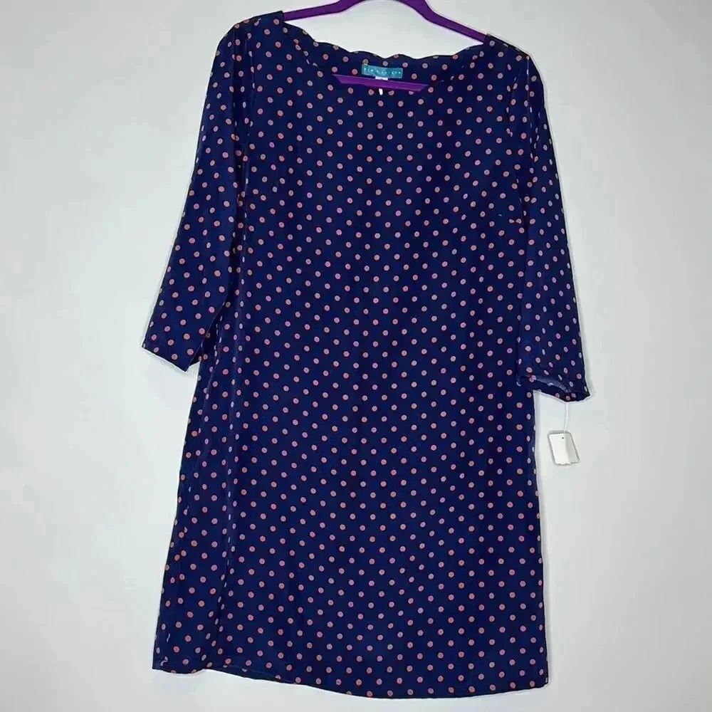 Pim & Larkin Dress Womens M Scallop Neck 3/4 Sleeve Shift Blue Red Polka Dot